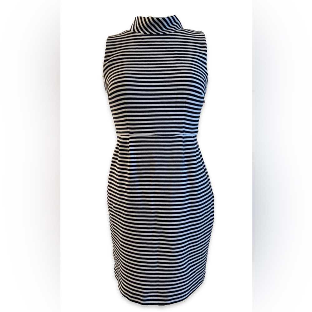 Boden Martha Mock Neck Sheath Sleeveless Dress Navy & White Stripes, Size 10UK
